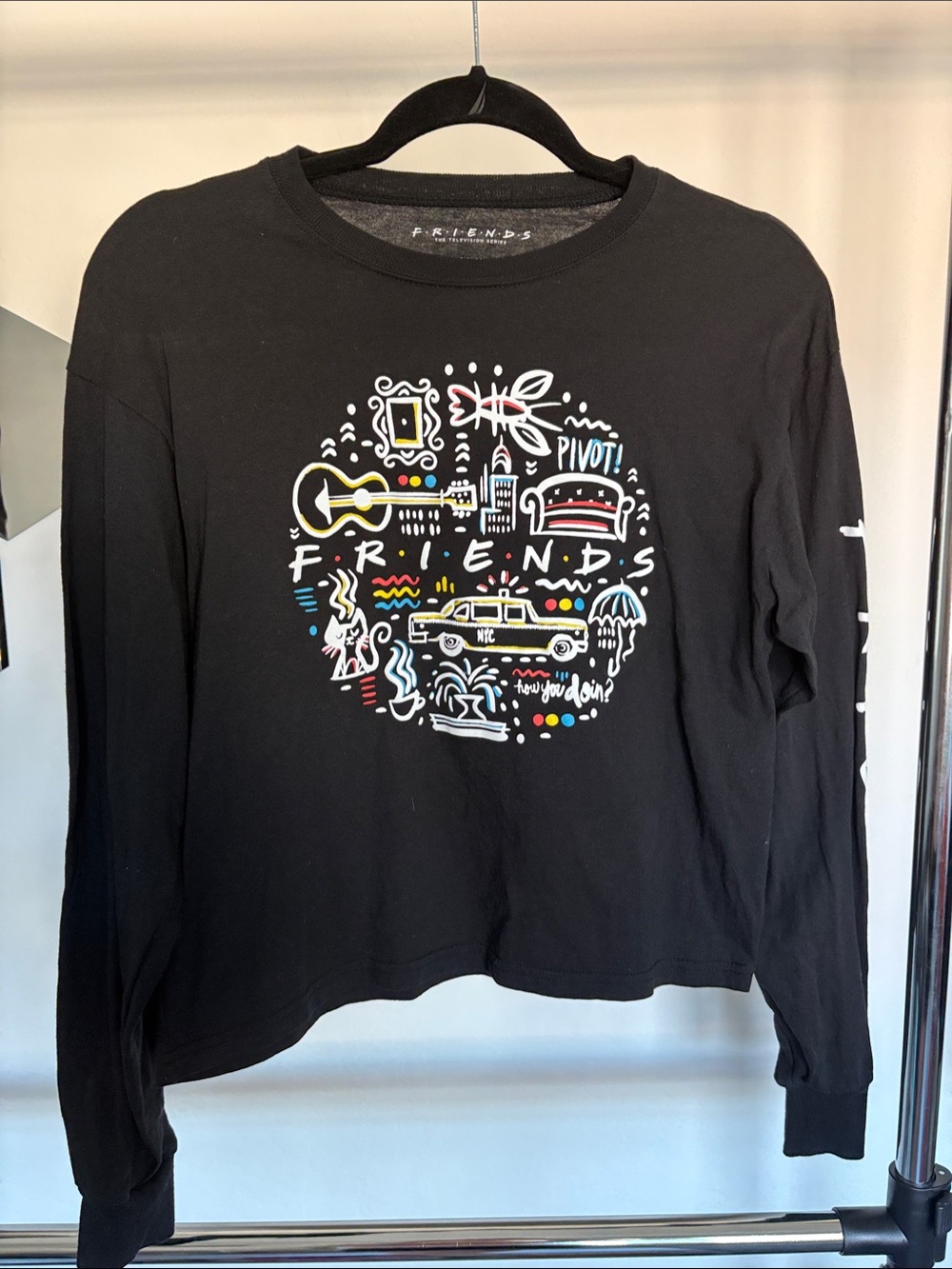 FRIENDS Black Long Sleeve Graphic Tee with Multicolor Icons